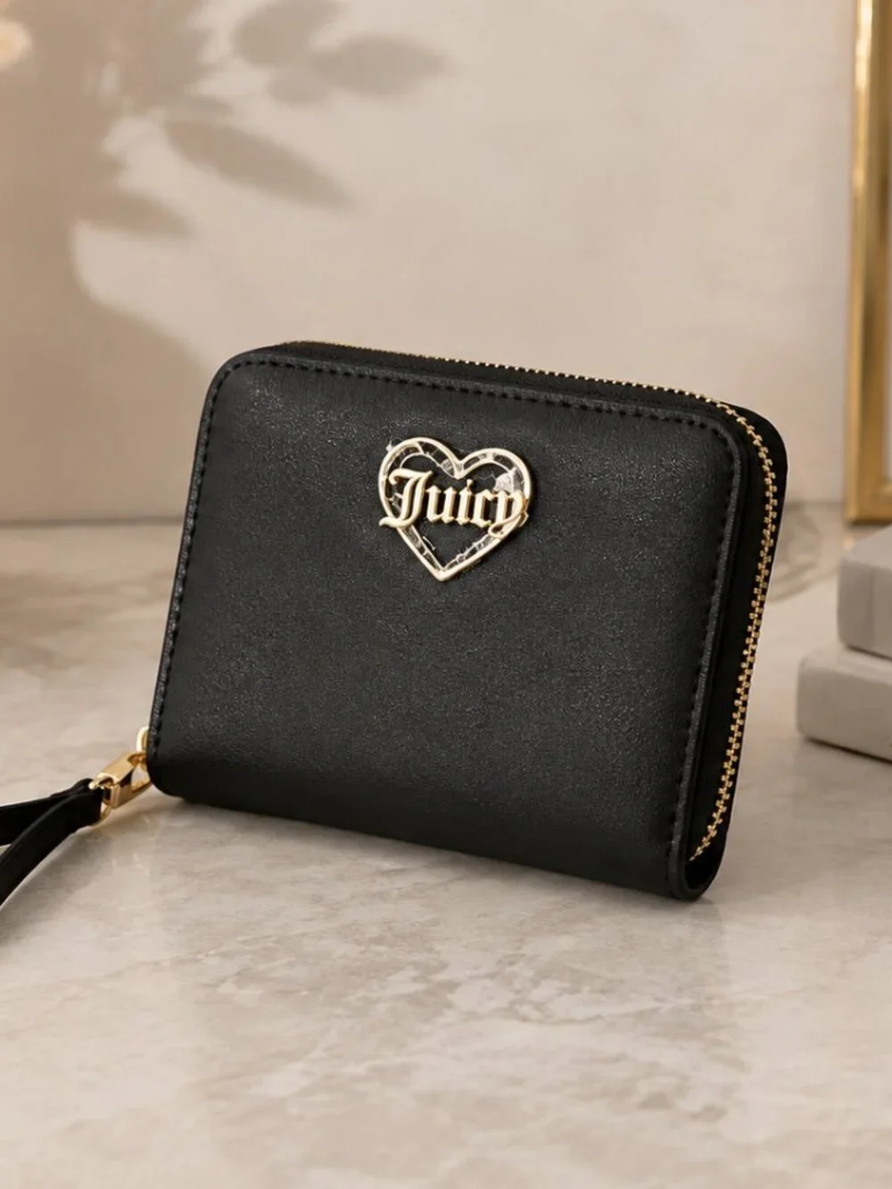 Juicy Couture Black Gold Heart Logo Zip Bifold Wallet NWT